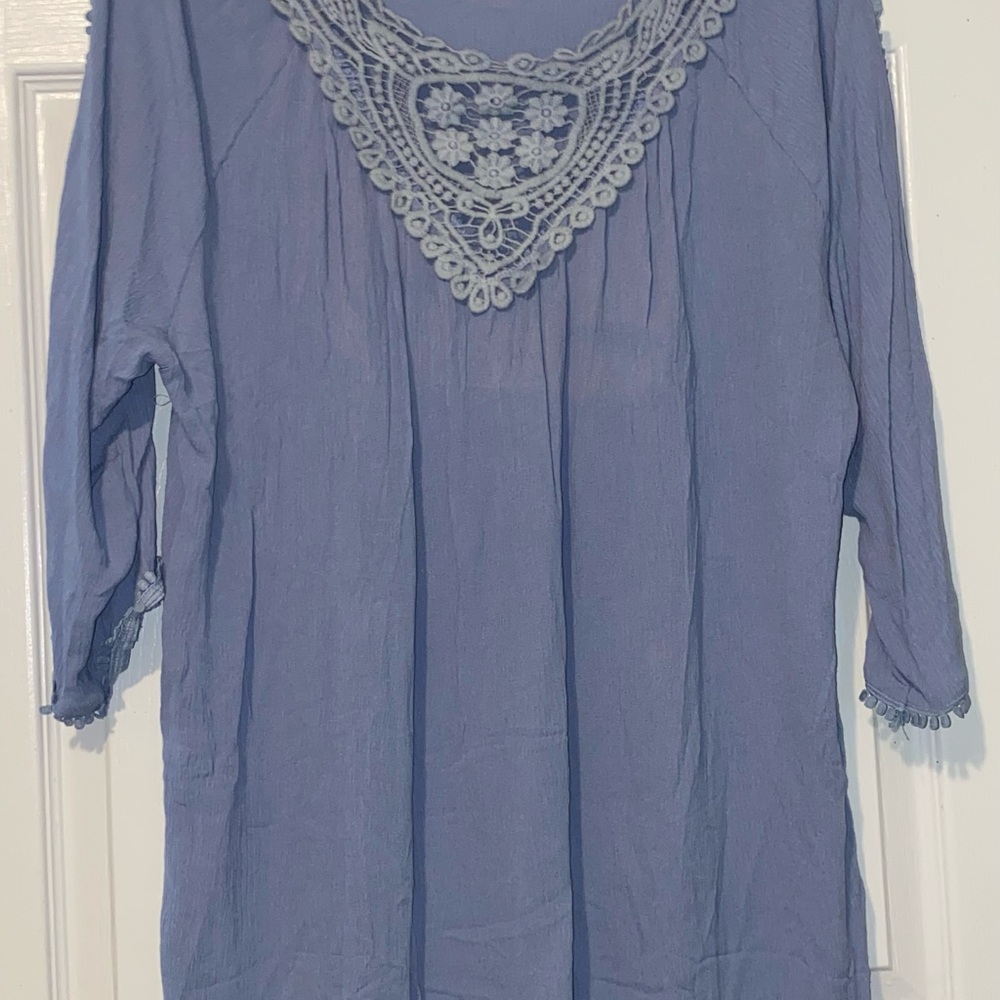 Romantic Crochet-Trim Tunic in Dusty Blue